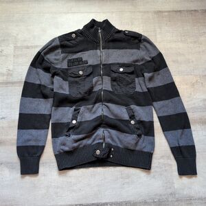 WT02 Full Zip Sweater Mens L Black Grey Striped